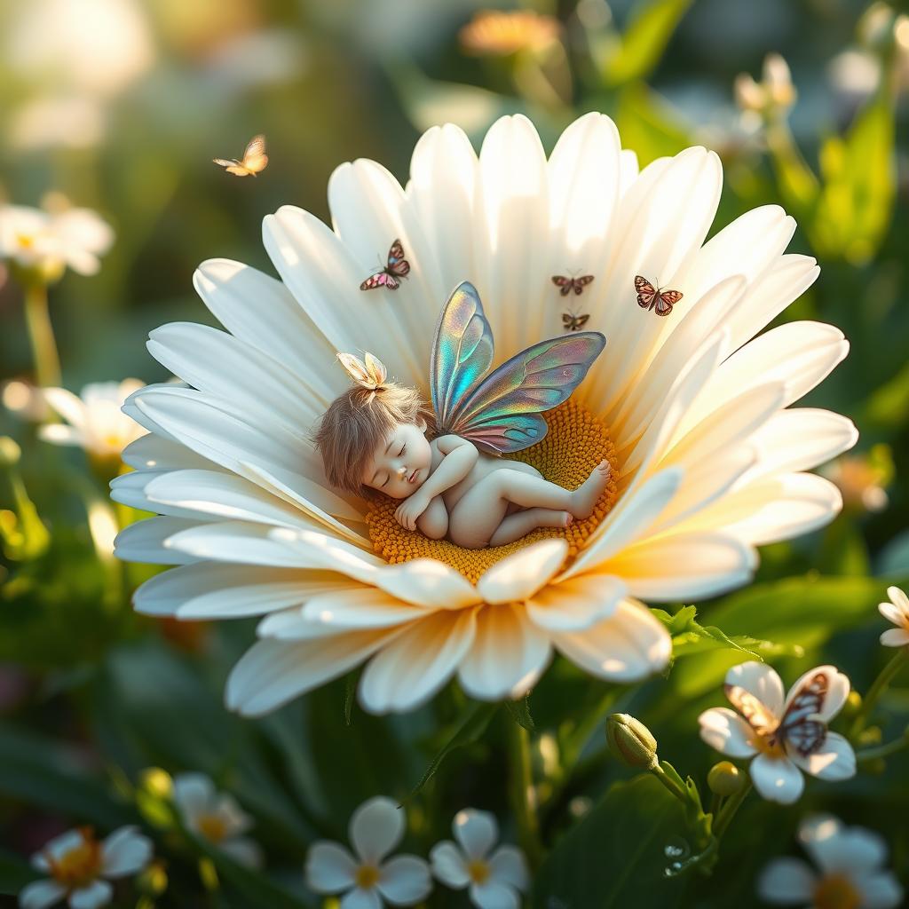A peaceful scene of a small, delicate fairy asleep inside a vibrant flower blossom