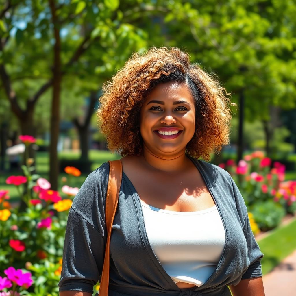 A chubby dark blonde woman with a cheerful expression, wearing a stylish, comfortable outfit, standing in a bright, sunny park