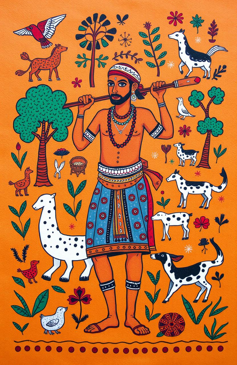 A vibrant and intricate Warli art depiction showcasing a male figure engaged in traditional activities