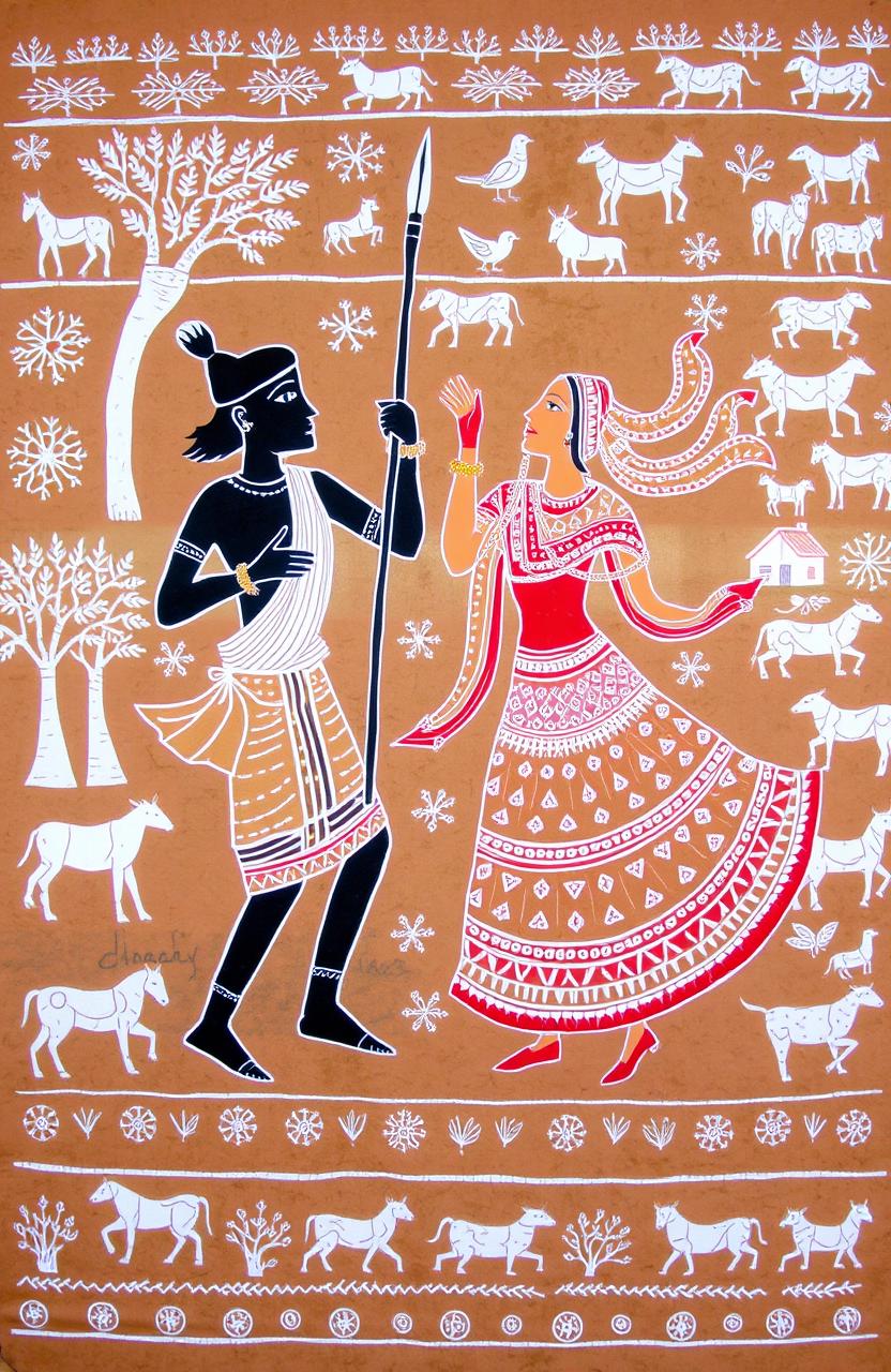 A colorful Warli art scene featuring a dynamic representation of a man and a woman engaged in traditional activities