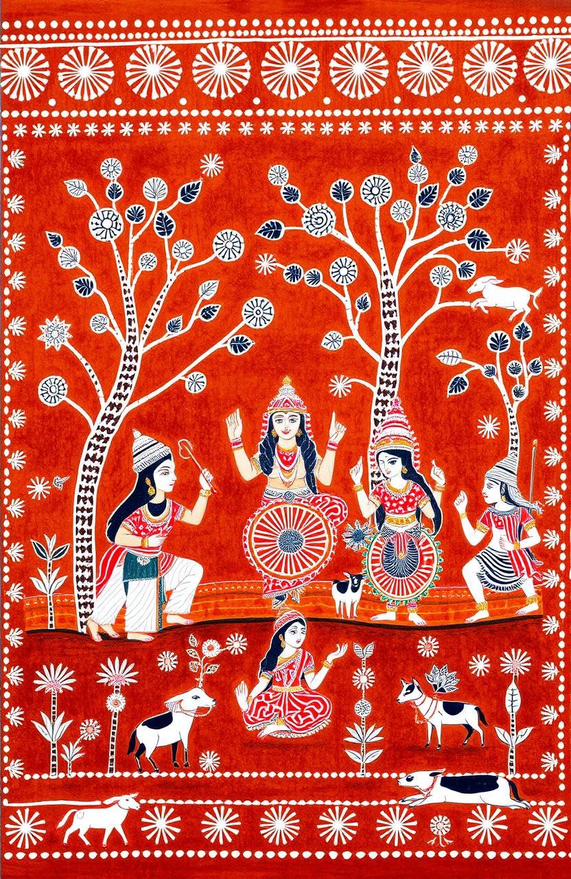 A vibrant and intricate representation of Indian gods in Warli art style