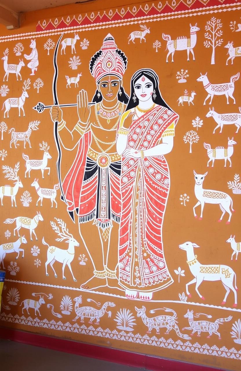 A vibrant Warli art mural depicting Lord Ram and Sita in a traditional Indian style