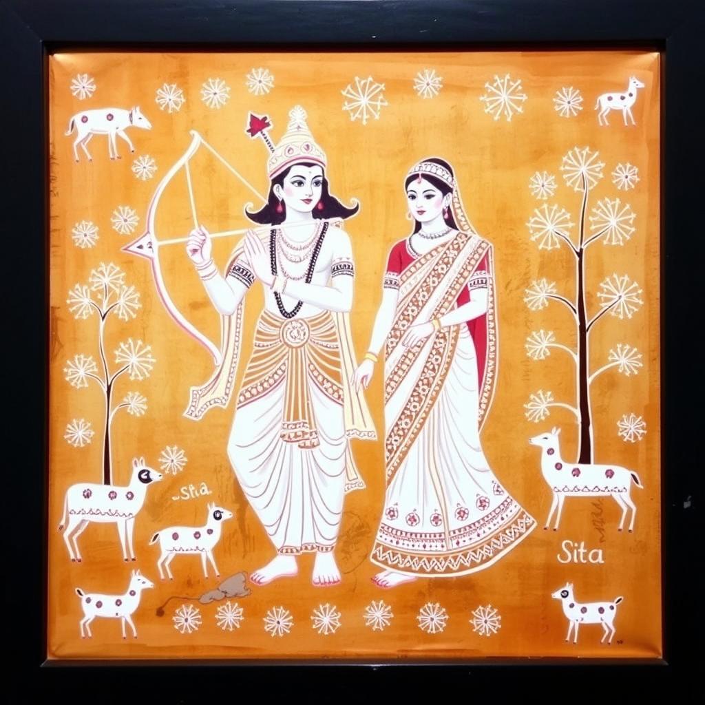 A beautiful Warli art painting featuring Lord Ram and Sita in an enchanting depiction