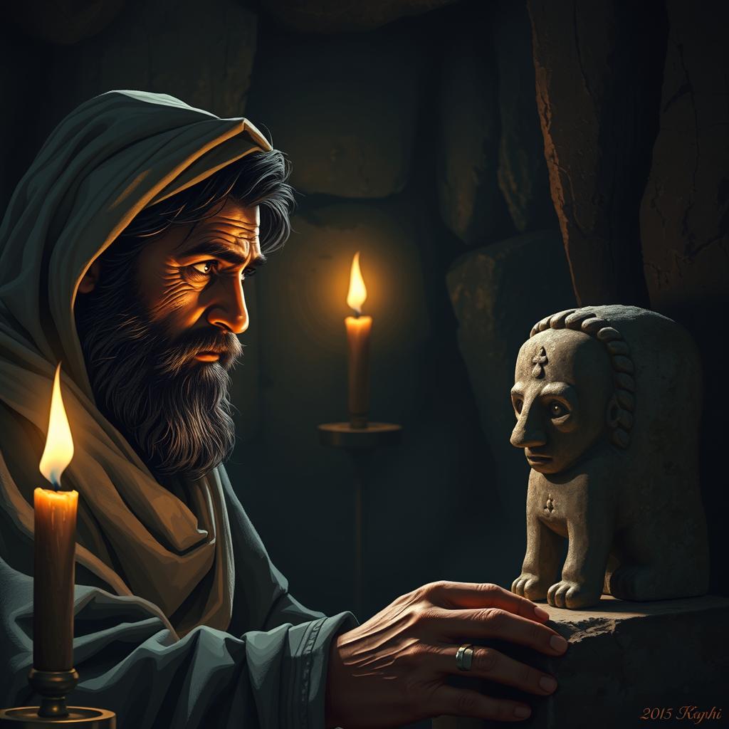 In a dimly lit workshop, Prophet Ibrahim gazes intently at his father Azar, who is skillfully carving an idol from stone