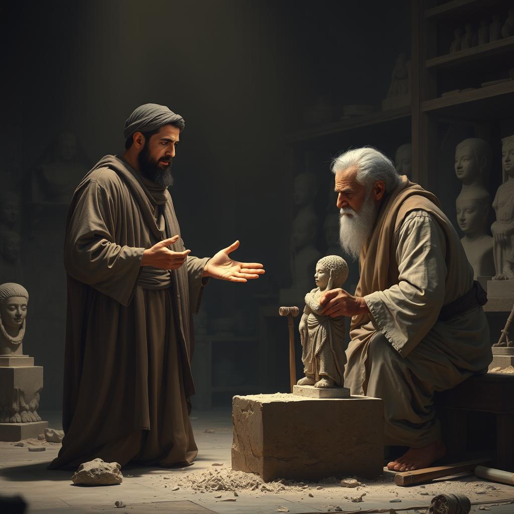 A dramatic scene depicting Prophet Ibrahim (Abraham) engaged in a heartfelt conversation with his father Azar, who is hunched over sculpting an idol out of stone