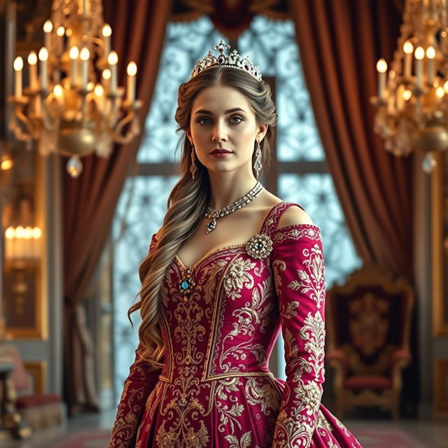 A regal Baltic Duchess in an opulent royal gown adorned with intricate embroidery and jewels, standing in a grand palace with elegant architecture