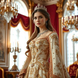 A regal Baltic Duchess in an opulent royal gown adorned with intricate embroidery and jewels, standing in a grand palace with elegant architecture