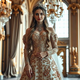 A regal Baltic Duchess in an opulent royal gown adorned with intricate embroidery and jewels, standing in a grand palace with elegant architecture