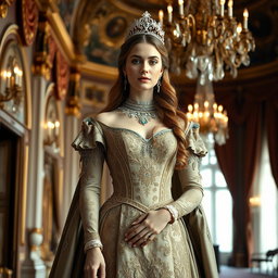 A regal Baltic Duchess in an opulent royal gown adorned with intricate embroidery and jewels, standing in a grand palace with elegant architecture