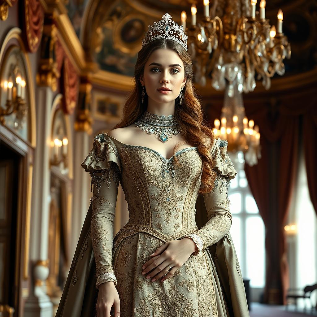 A regal Baltic Duchess in an opulent royal gown adorned with intricate embroidery and jewels, standing in a grand palace with elegant architecture