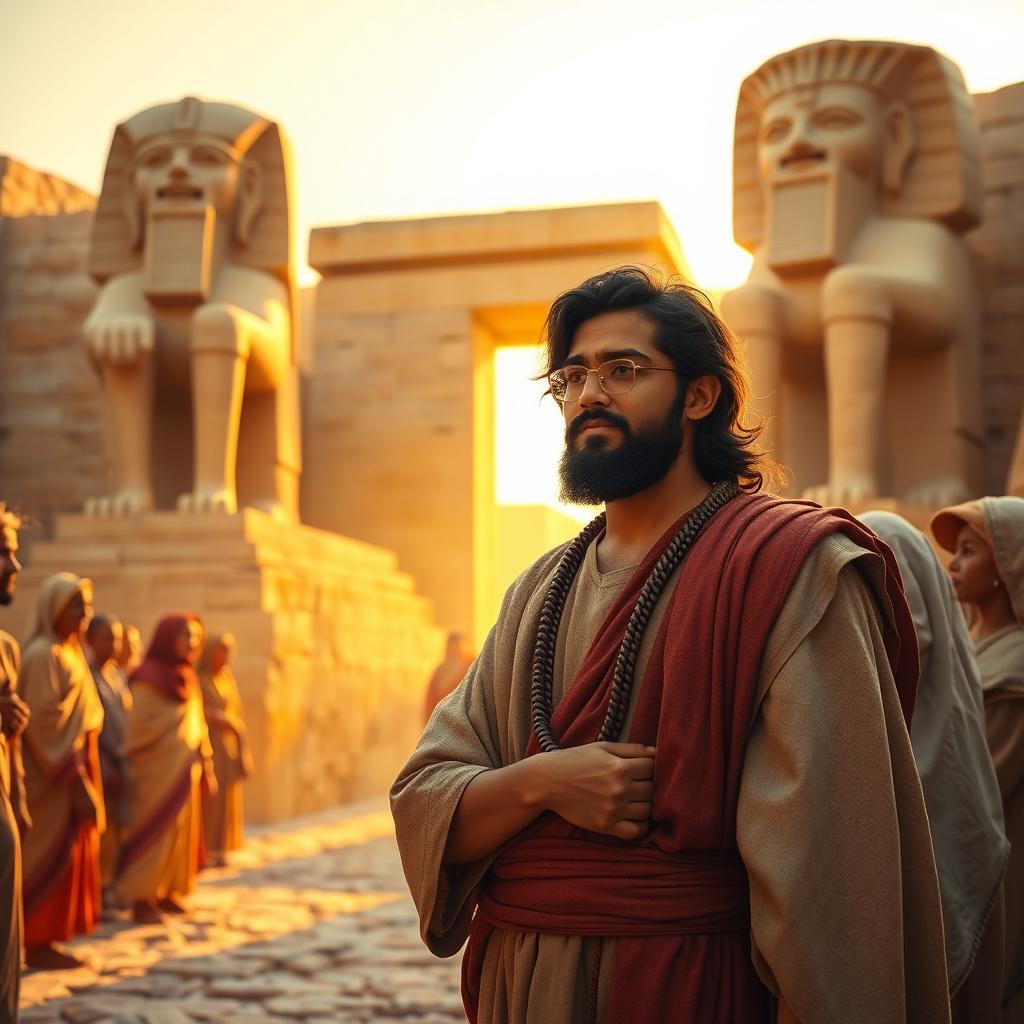 A young Prophet Ibrahim in ancient Mesopotamia, standing confidently with a questioning expression on his face as he engages with a crowd of people about their idol worship
