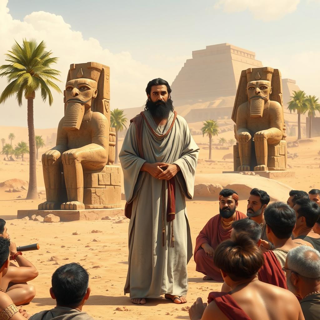 A scene depicting the Prophet Ibrahim (Abraham) in ancient Mesopotamia, standing confidently while questioning the people about their idol worship
