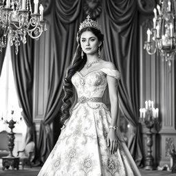 A regal Baltic Duchess in an opulent royal gown in a stunning black and white photograph, showcasing intricate embroidery and jewels