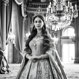 A regal Baltic Duchess in an opulent royal gown in a stunning black and white photograph, showcasing intricate embroidery and jewels