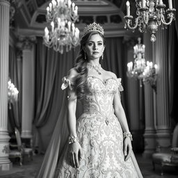 A regal Baltic Duchess in an opulent royal gown in a stunning black and white photograph, showcasing intricate embroidery and jewels