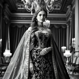A regal Baltic Duchess in an opulent royal gown in a stunning black and white photograph, showcasing intricate embroidery and jewels