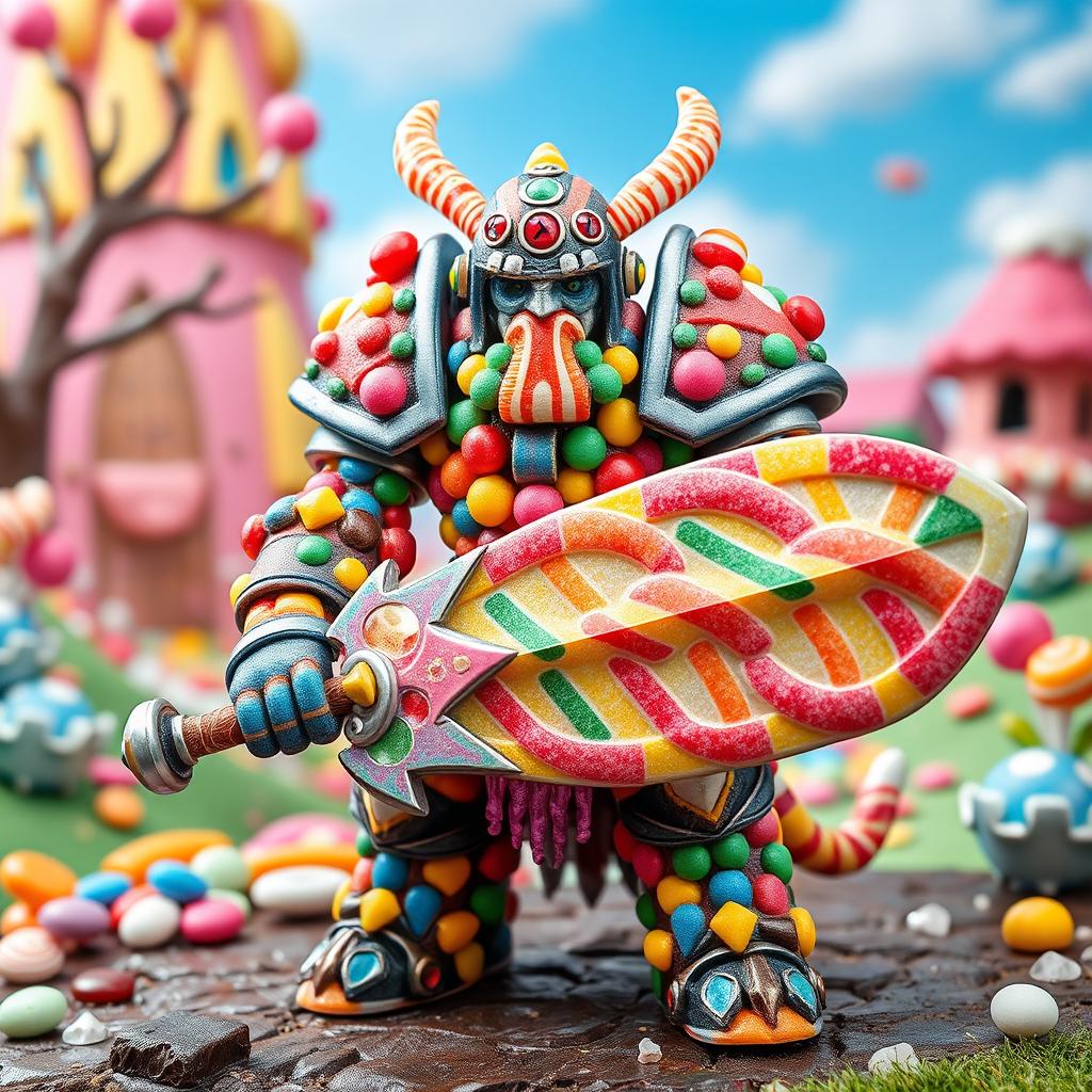 A fantastical warforged character entirely made of colorful candy, showcasing intricate details like gumdrop joints and licorice accents