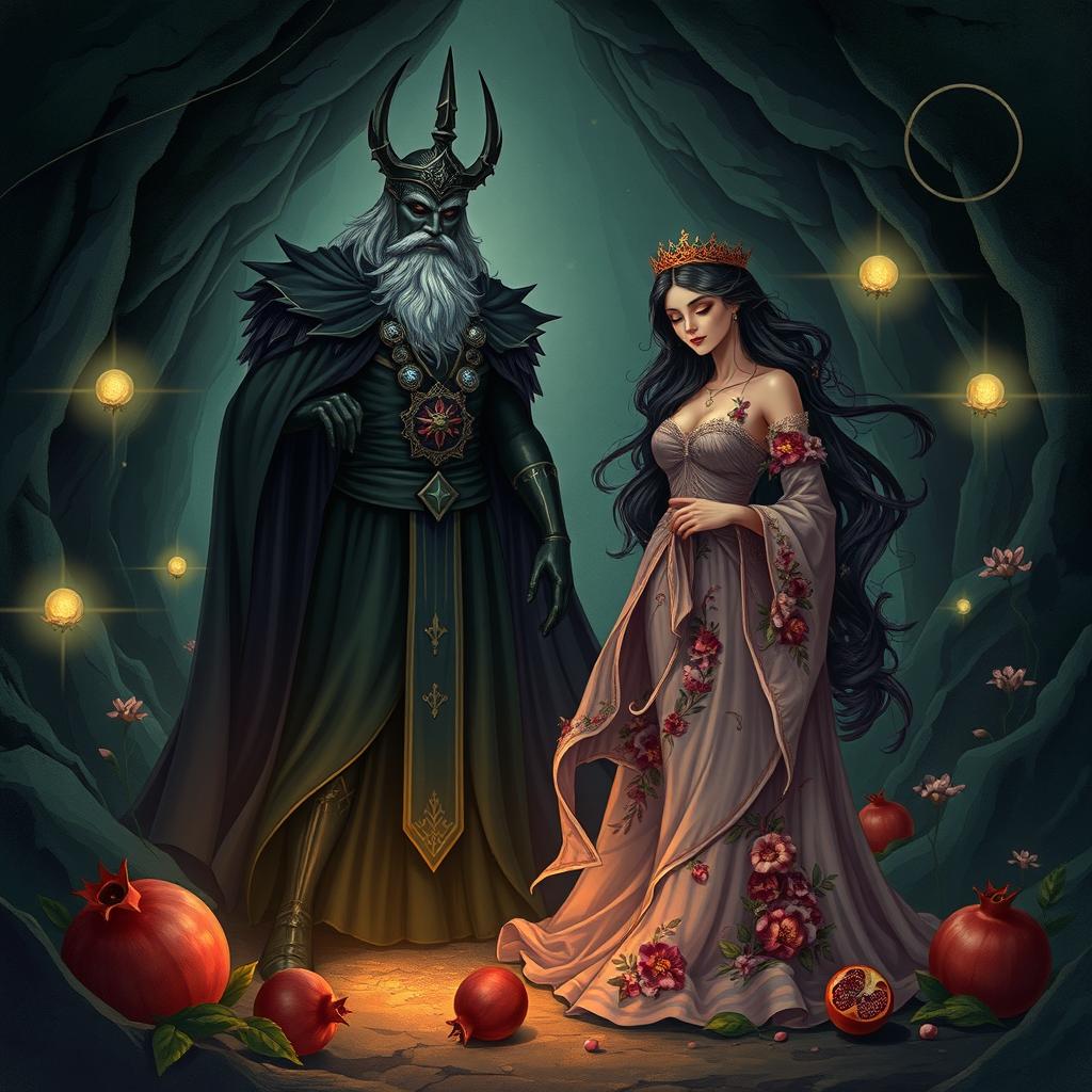 A beautifully illustrated scene depicting the ancient Greek myth of Hades and Persephone