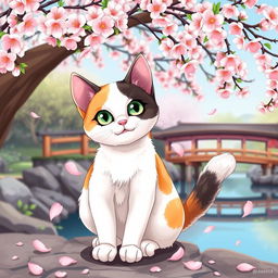A beautifully illustrated Japanese Bobtail cat in an adorable and playful pose