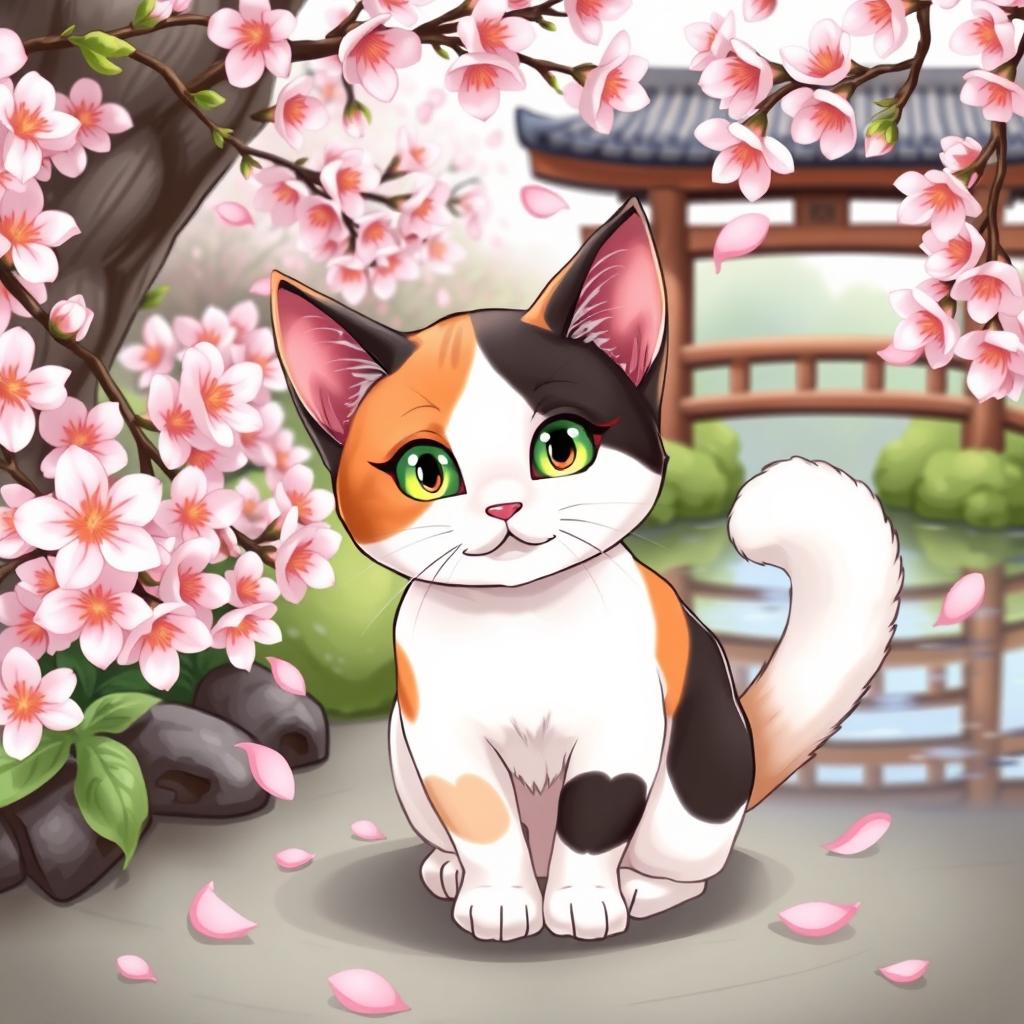 A beautifully illustrated Japanese Bobtail cat in an adorable and playful pose