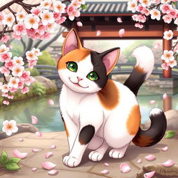 A beautifully illustrated Japanese Bobtail cat in an adorable and playful pose