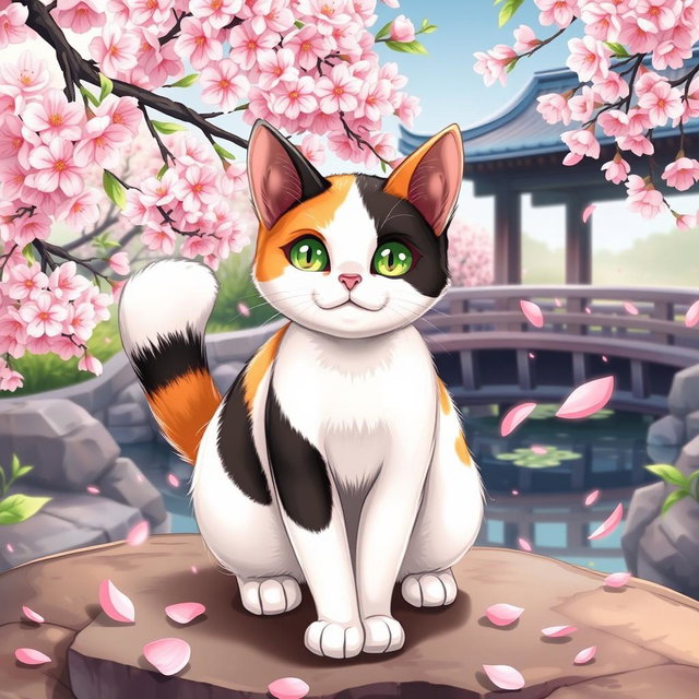A beautifully illustrated Japanese Bobtail cat in an adorable and playful pose