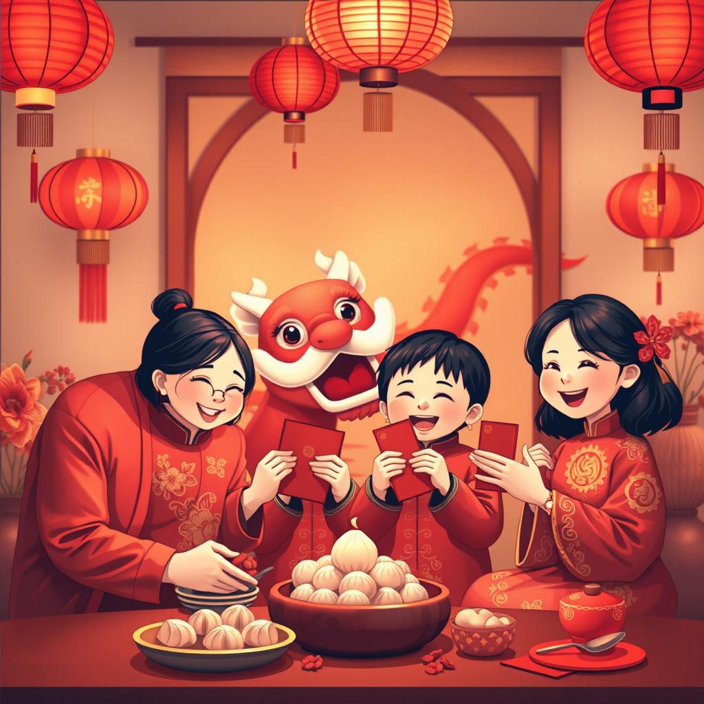 A cute and elegant Chinese New Year celebration scene featuring a joyous family dressed in traditional red and gold attire