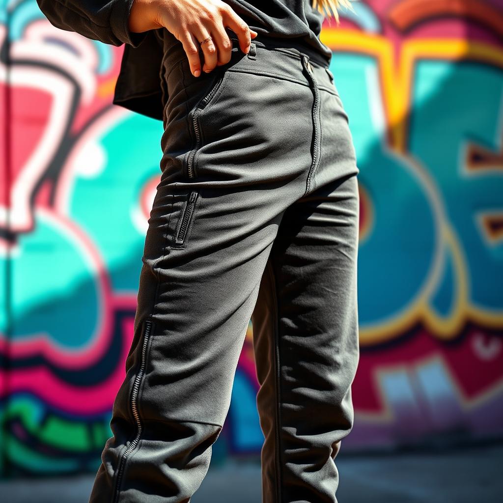 A stylish individual wearing trendy zipper pants in a vibrant urban setting