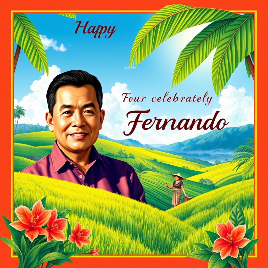 A vibrant poster celebrating Fernando Amorsolo, a Filipino National Artist known for his stunning landscape paintings and portraits