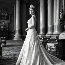 A regal Baltic Duchess in a stunning royal gown captured in a beautiful black and white photograph
