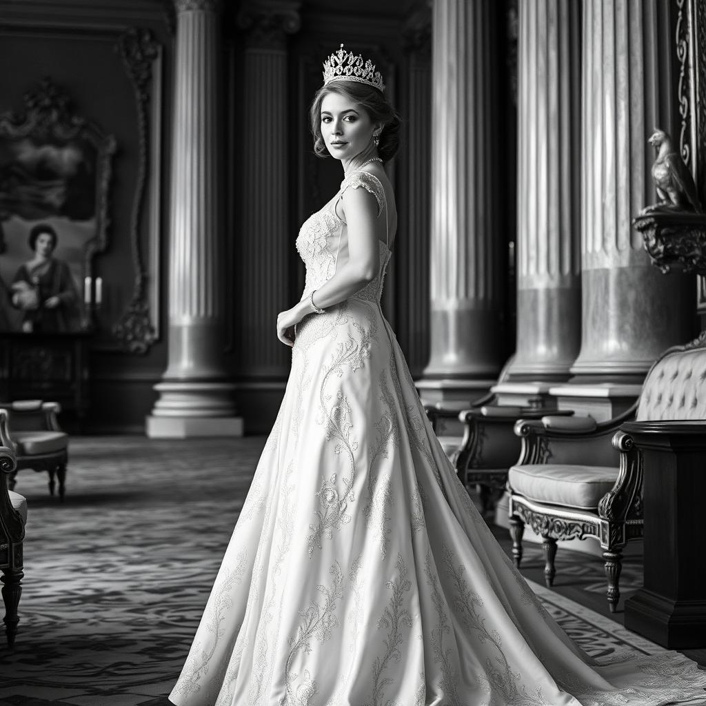 A regal Baltic Duchess in a stunning royal gown captured in a beautiful black and white photograph