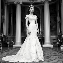 A regal Baltic Duchess in a stunning royal gown captured in a beautiful black and white photograph