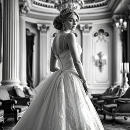 A regal Baltic Duchess in a stunning royal gown captured in a beautiful black and white photograph