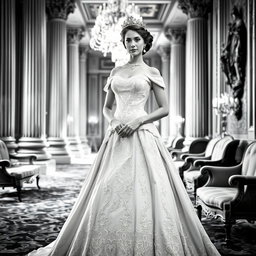 A regal Baltic Duchess in a stunning royal gown captured in a beautiful black and white photograph