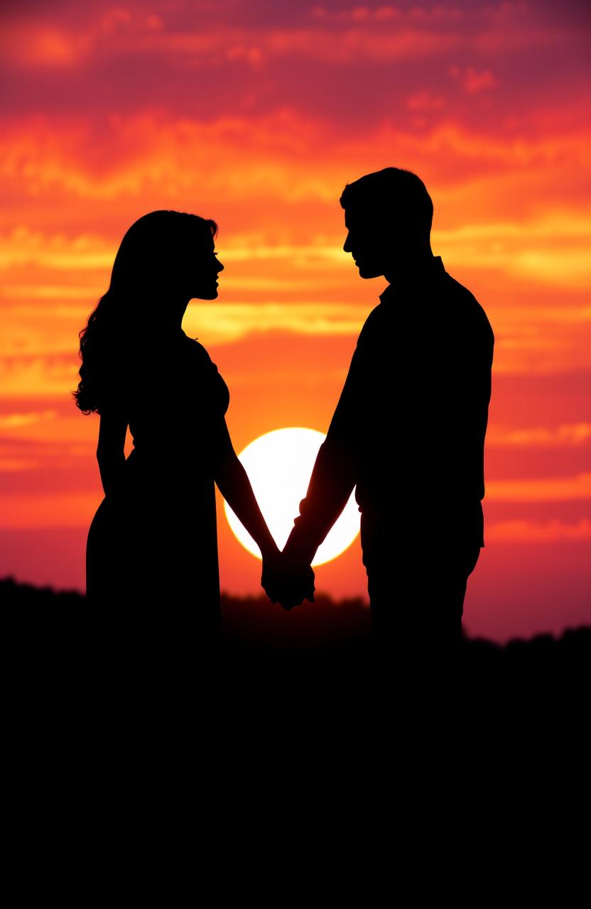 A beautiful silhouette of a couple holding hands, facing each other, with no facial features, set against a vibrant sunset background