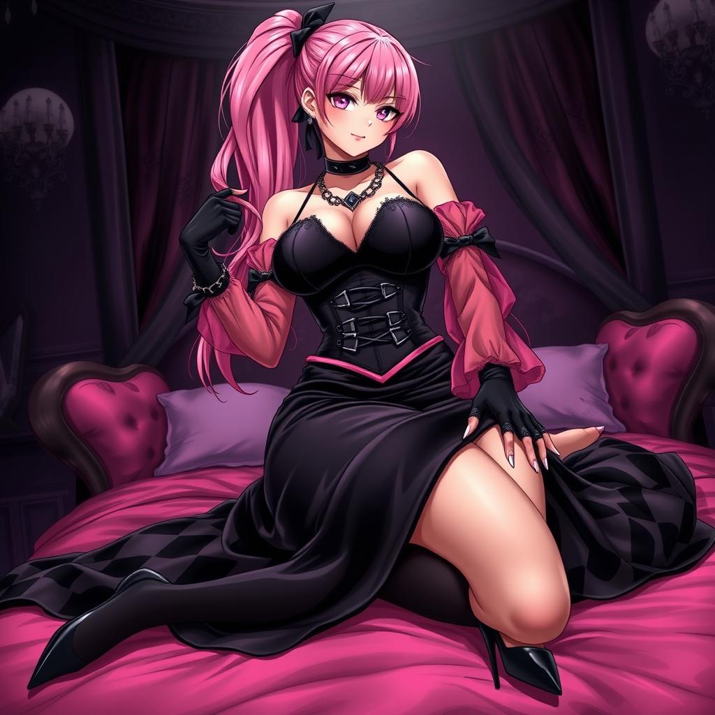 A striking illustration of a sexy gothic anime villain dominatrix girl, featuring a subtle smile with a rosy blush