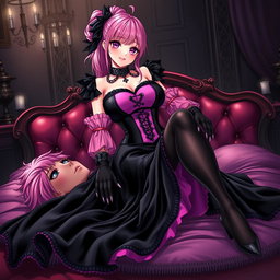 A striking illustration of a sexy gothic anime villain dominatrix girl, featuring a subtle smile with a rosy blush