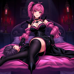 A striking illustration of a sexy gothic anime villain dominatrix girl, featuring a subtle smile with a rosy blush