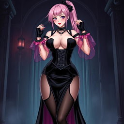 An enticing illustration of a sexy gothic anime villain dominatrix girl, featuring a subtle smile with a rosy blush
