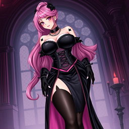 An enticing illustration of a sexy gothic anime villain dominatrix girl, featuring a subtle smile with a rosy blush