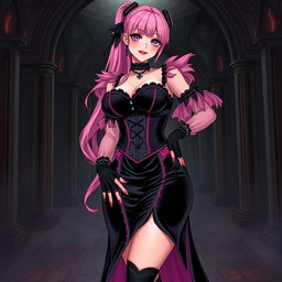 An enticing illustration of a sexy gothic anime villain dominatrix girl, featuring a subtle smile with a rosy blush