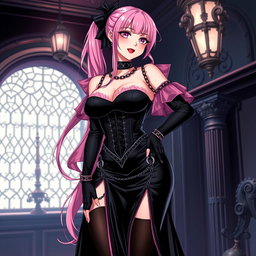 An enticing illustration of a sexy gothic anime villain dominatrix girl, featuring a subtle smile with a rosy blush