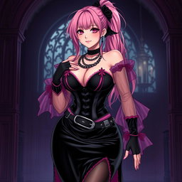 An alluring portrayal of a sexy gothic anime villain dominatrix girl, featuring a subtle yet captivating smile with a rosy blush on her cheeks