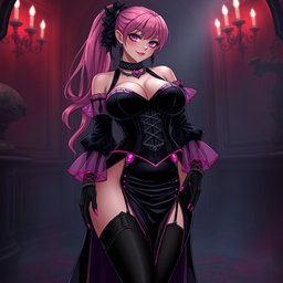 An alluring portrayal of a sexy gothic anime villain dominatrix girl, featuring a subtle yet captivating smile with a rosy blush on her cheeks