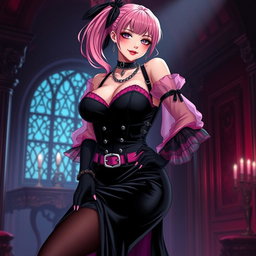 An alluring portrayal of a sexy gothic anime villain dominatrix girl, featuring a subtle yet captivating smile with a rosy blush on her cheeks