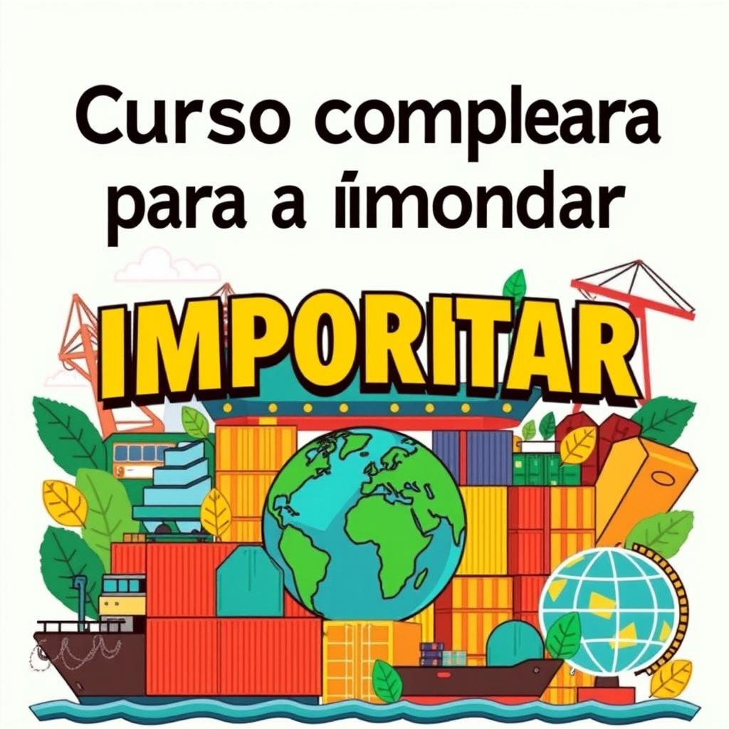 An illustrative and colorful composition related to importing, featuring elements like shipping containers, cargo ships, and a globe