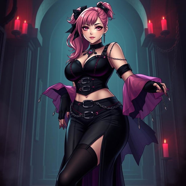 An alluring portrayal of a sexy gothic anime villain dominatrix girl, featuring a subtle yet captivating smile with a rosy blush on her cheeks