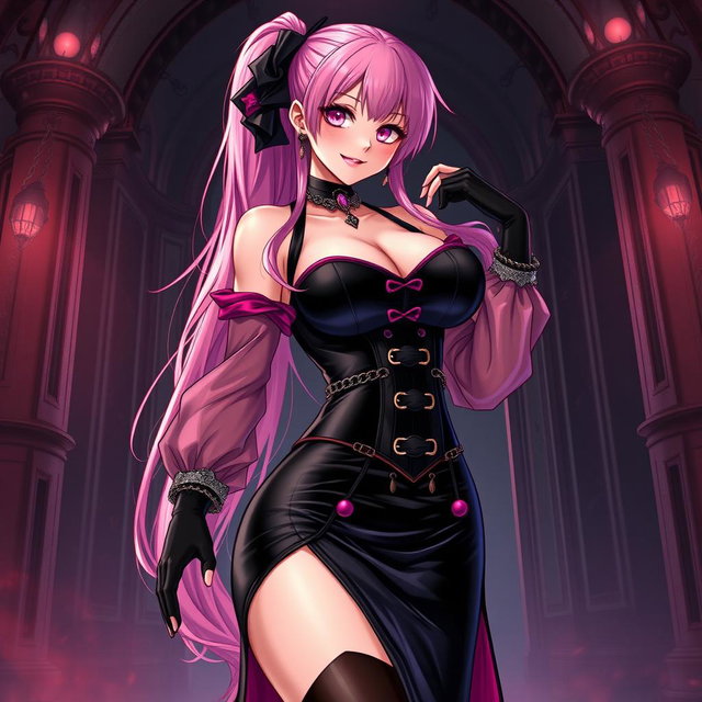 An exhilarating illustration of a sexy gothic anime villain dominatrix girl, showcasing a subtle smile adorned with a soft blush