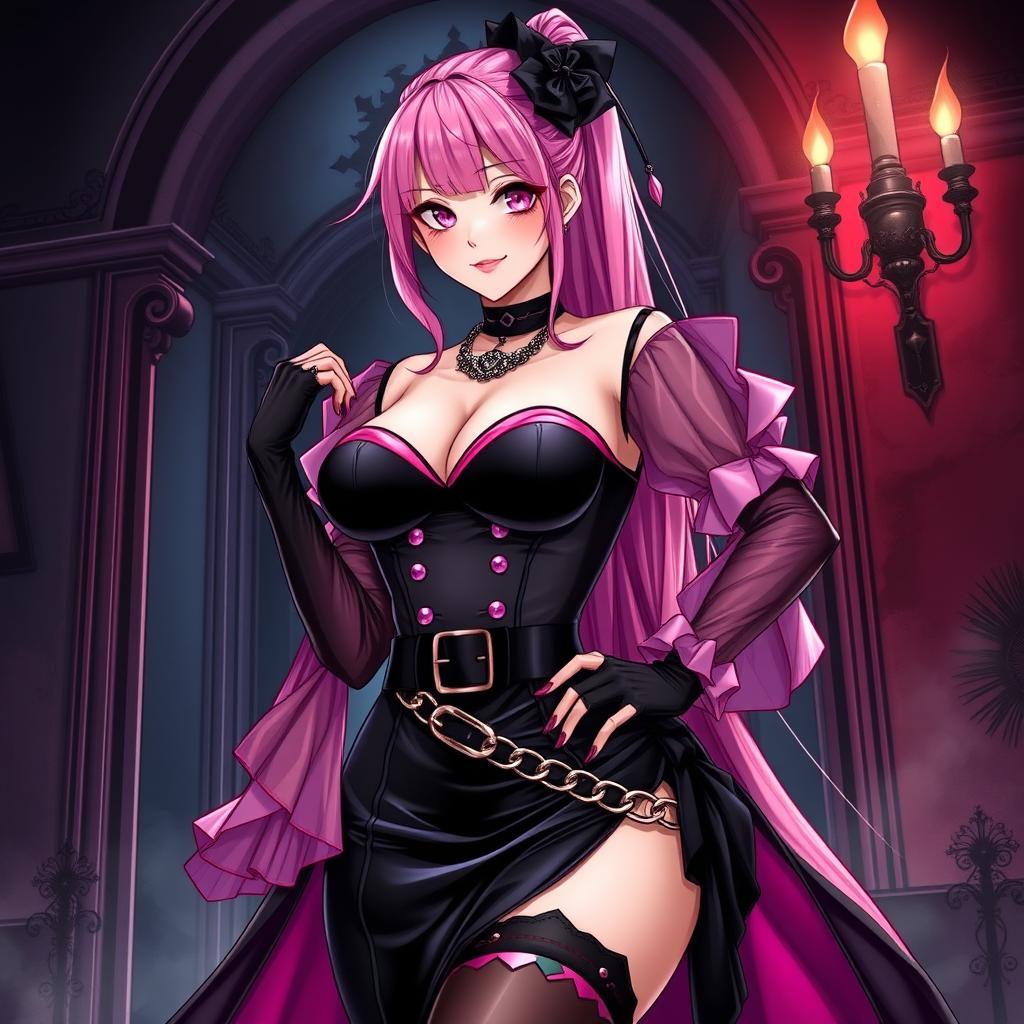 An exhilarating illustration of a sexy gothic anime villain dominatrix girl, showcasing a subtle smile adorned with a soft blush