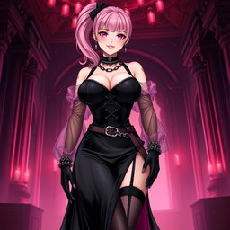An exhilarating illustration of a sexy gothic anime villain dominatrix girl, showcasing a subtle smile adorned with a soft blush